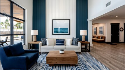 Cozy Coastal Hotel Lobby with Nautical Themed Decor and Furnishings