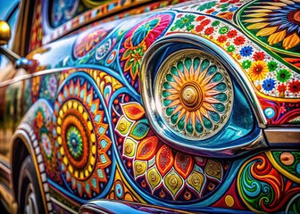 Detailed front view of a car, bathed in the beauty of a breathtaking landscape.