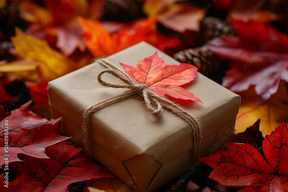Poster a brown box with a red leaf tied to it is sitting on top of a pile of red leaves. the leaves are sca