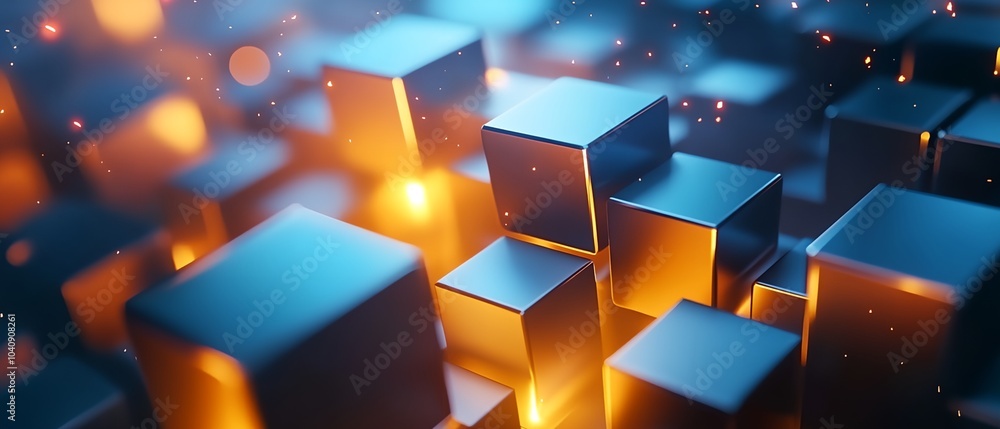 Poster a close up of a bunch of cubes with a yellow glow. the cubes are arranged in a way that creates a se