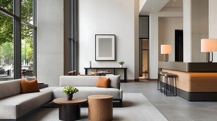 Luxurious modern hotel lobby with minimalist glass and stone architecture design