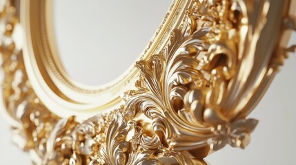 An exquisite oval frame in gold, featuring elaborate baroque designs, floating against a soft white backdrop, exuding timeless elegance through dramatic lighting