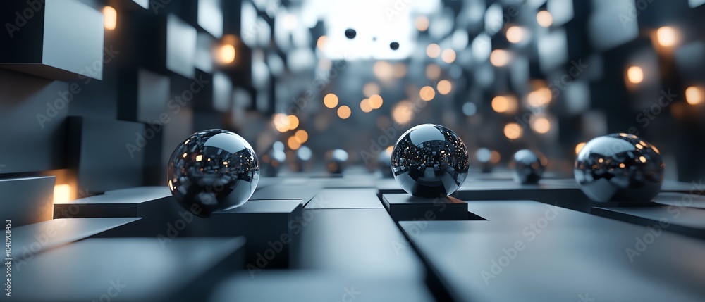 Poster a series of shiny, metallic spheres are arranged in a pattern on a black background. the spheres are