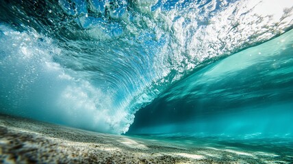 Underwater view of a breaking wave with sunlight shining through.
