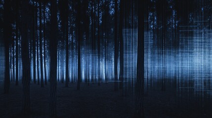 A dark forest with a blue grid overlay.