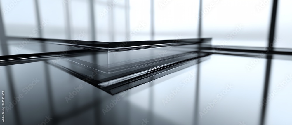 Poster a reflection of a building is seen in a window. the image has a modern and sleek feel to it, with th
