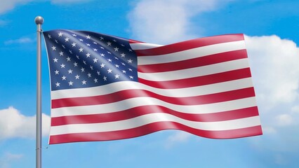 Obraz premium A US flag waving in the wind against a blue sky with clouds.