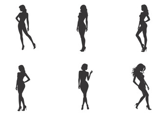 A collection of stylish female silhouettes, each captured in different elegant poses, portraying various fashion styles.