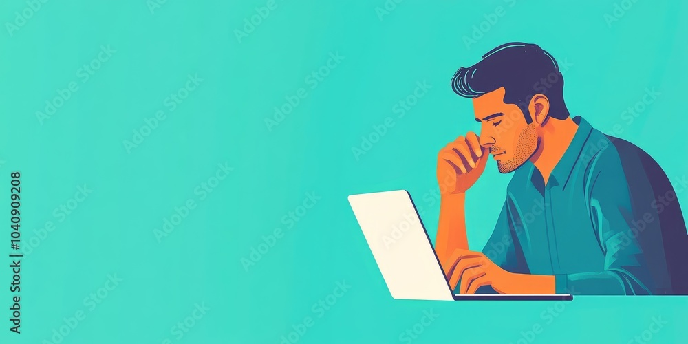 Poster browsing and searching for data online using a blank search bar. a businessman works on a laptop, sy