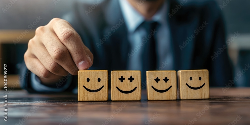 Aufkleber Top-notch business services and customer experience rating. A businessman selects a smiley face on a wooden block cube, representing 5-star satisfaction in service.