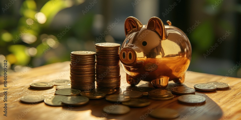 Poster business finance and savings concept. a stack of coins grows alongside a piggy bank, representing in