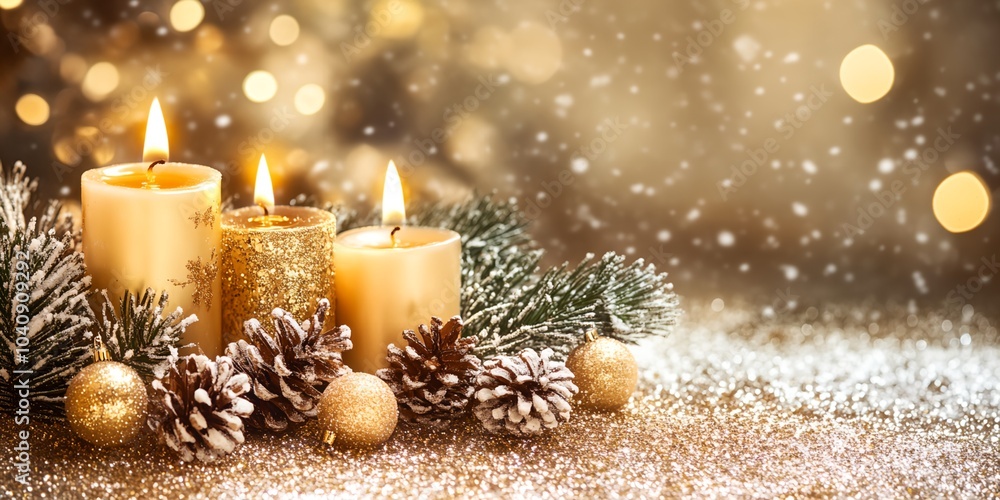 Poster three candles are lit on a table with pine cones and gold balls. the candles are lit in a way that t