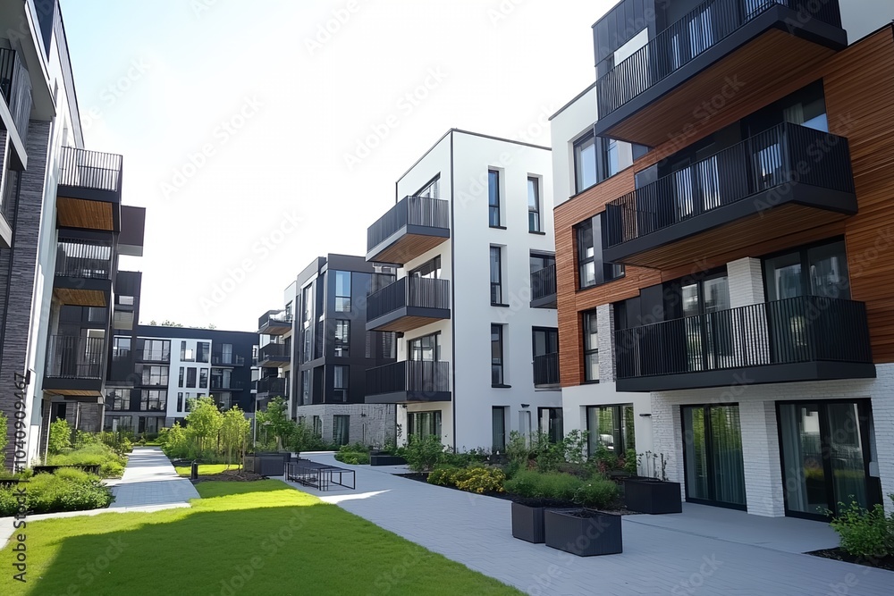 Aufkleber a row of apartment buildings with a courtyard in between. the courtyard is surrounded by trees and h