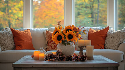 The sofa in the living room and the sunflower candles on the table