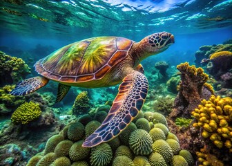Fototapeta premium Drone captures intricate coral patterns on a resting green turtle.