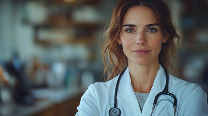 female doctor stands with arms folded, showcasing strength and professionalism. This image symbolizes empowerment, leadership, and the vital role of women in healthcare