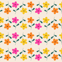 Seamless pattern with colorful flower blossom garden. Cute hand drawn floral pattern for your fabric, summer background, wallpaper, backdrop, textile.	
