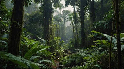 Obraz premium Lush green rainforest with towering trees and dense foliage in the early morning light creates a serene and tranquil atmosphere