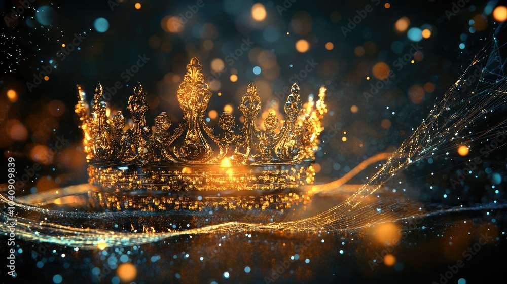Poster an ornate crown transformed into a holographic projection, radiating golden brilliance, with shimmer