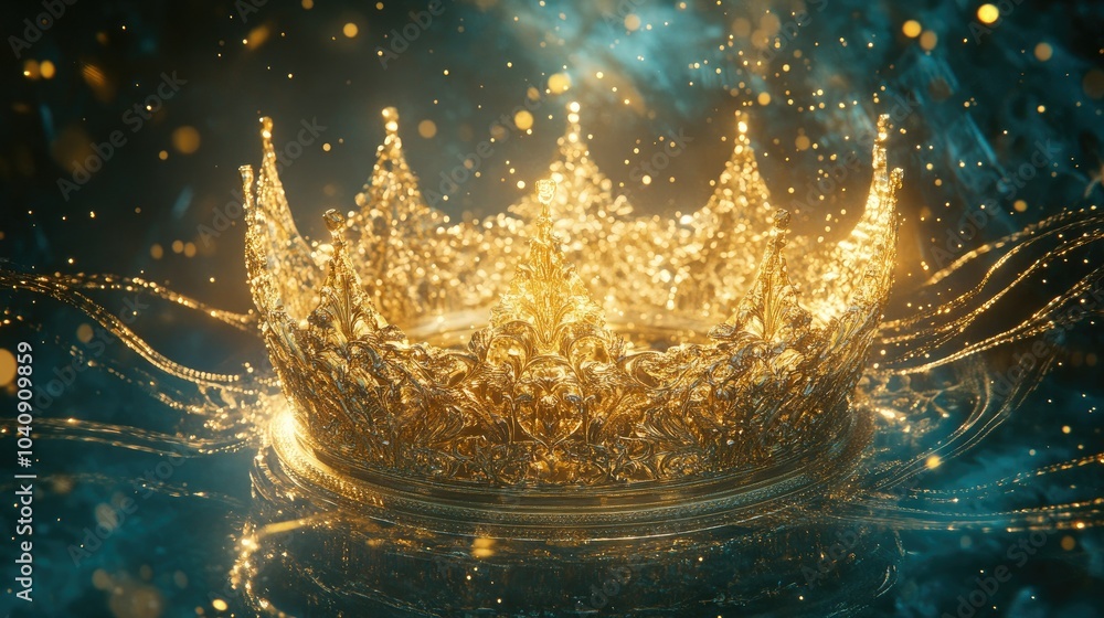 Poster an ornate crown transformed into a holographic projection, radiating golden brilliance, with shimmer