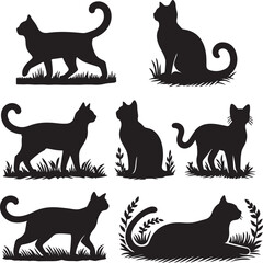 silhouette of cat standing and sitting on grass vector art illustration
