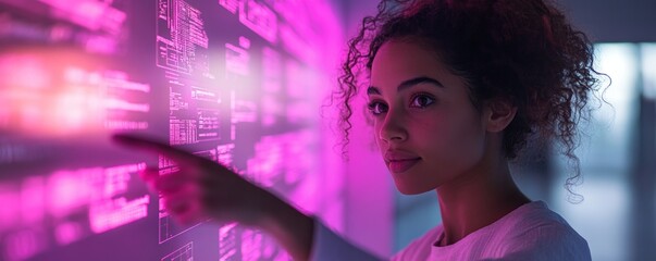 Young woman interacting with a digital display, touching screen with a finger.