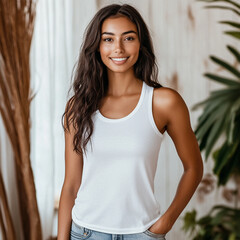woman wearing minimalist white tank top stands confidently, showcasing simple yet stylish design. natural light enhances her radiant smile and relaxed atmosphere