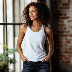 woman wearing minimalist white tank top stands confidently with her hands in her pockets, showcasing simple yet stylish design in bright, airy space