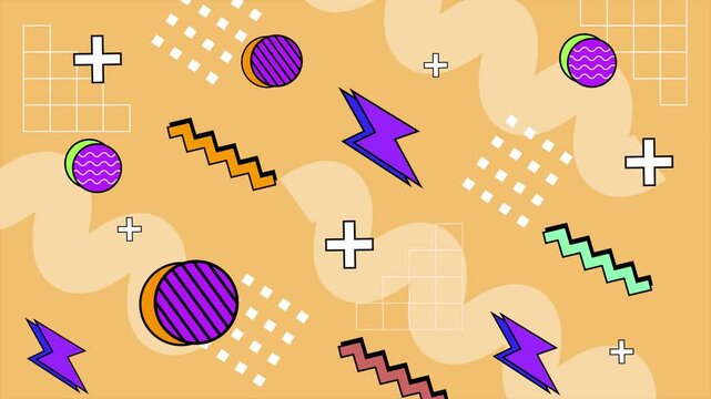 Vibrant retro-style video featuring geometric shapes with colorful patterns 4k video background motion pop art design