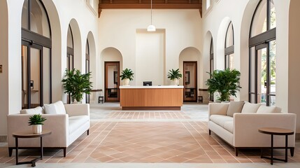 Elegant Mediterranean Style Hotel Lobby with Arched Entryways and Tiled Flooring