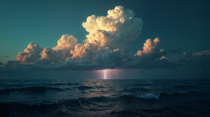 Massive Cumulonimbus Cloud Over Ocean Horizon at Dusk