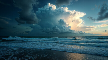 Massive Cumulonimbus Cloud Over Ocean Horizon at Dusk