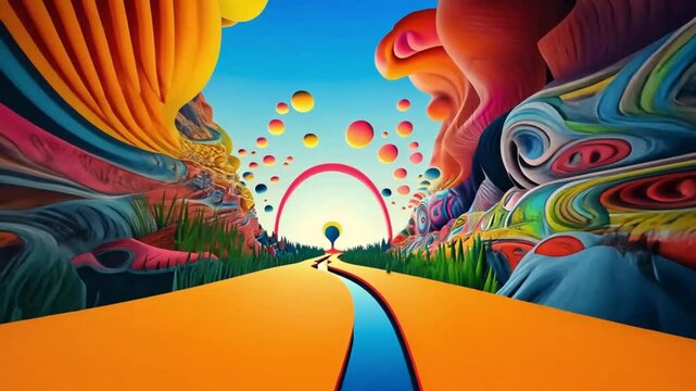 First person view shot flying through colorful psychedelic world