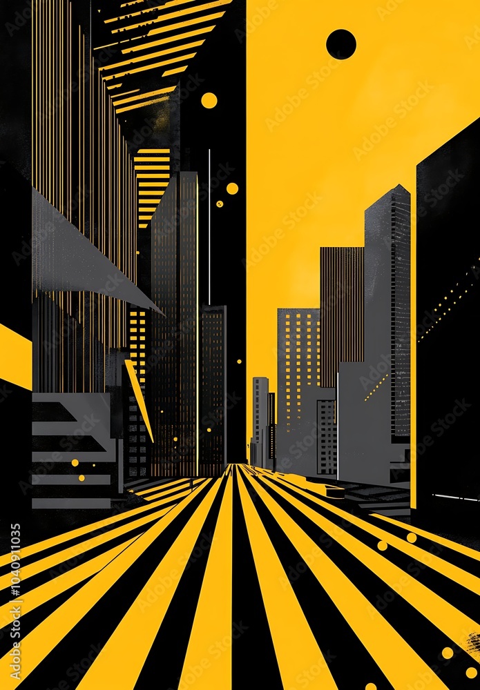 Poster a pattern of abstract shapes and lines in bright primary colors,