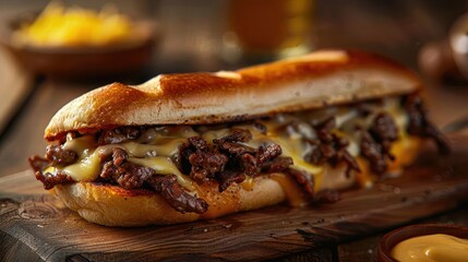 Gourmet sandwich with beef, cheddar cheese and caramelized onions served on a toasted bun,