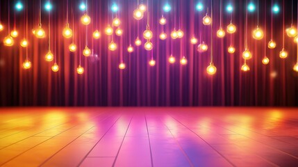 Bright stage with a dynamic color scheme and copy space, framed by glowing light bulbs. Modern setting for a vibrant and lively atmosphere.