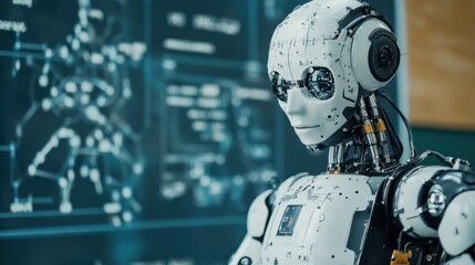 A humanoid robot teacher, educational design with teaching aids and interactive learning tools, Futuristic style