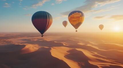 Obraz premium Illustration of hot air balloons with a beautiful sunset in the background.