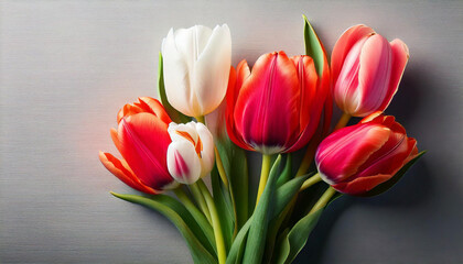 The image shows a bouquet of tulips with vibrant red, white, and orange petals.