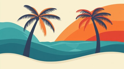 Obraz premium Graphic featuring a simple illustration of two palm trees with an ocean background and waves in vibrant orange, blue, and red colors.