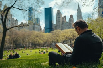 Fototapeta premium A man reading a hardcover book in a bustling city park, with skyscrapers in the background, highlighting the blend of nature and urban life