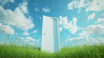 青空の下に立つ開かれたドア。選択の自由、旅立ちを象徴している。