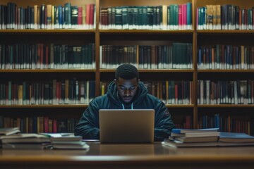 A student sitting in a college library, surrounded by textbooks and a laptop, highlighting dedication, hard work, and the academic journey