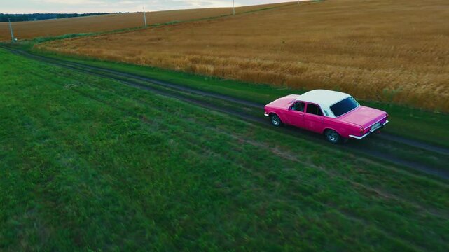A pink car drives along a rural road surrounded by a golden field at sunset