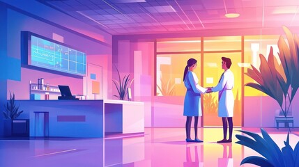 Obraz premium Two doctors shake hands in a hospital lobby.