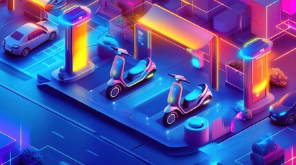 Naklejka premium Two electric scooters charging at a futuristic charging station with a car in the background.