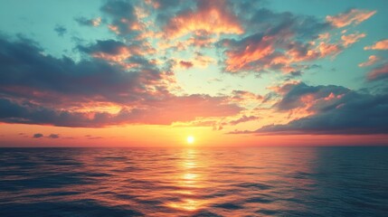 Fototapeta premium Vibrant Sunrise Over Serene Ocean Horizon, Capturing the Transition from Darkness to Light, Waves Gently Lapping at the Shore