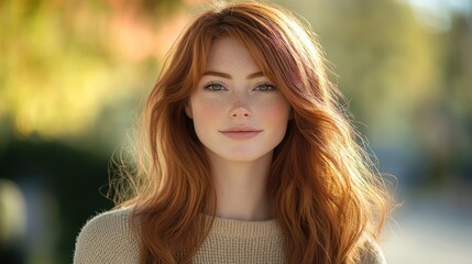 Fototapeta premium A young woman with long red hair and green eyes smiles warmly at the camera, illuminated by the golden glow of the afternoon sun.