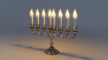 Fototapeta premium 3D rendering of a traditional menorah with all eight candles lit, placed on a clean white surface with soft shadows, ideal for contemporary Hanukkah marketing and design projects