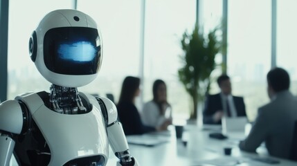 A humanoid robot with a built-in holographic display, presenting information in a modern, high-tech boardroom during a business meeting